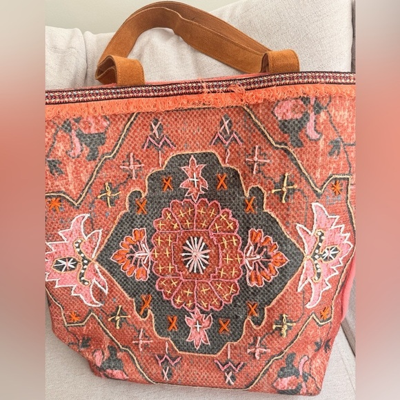 A&P Orange Embroidered Tote Bag Purse Large Boho Artsy Gypsy - MINT - Picture 2 of 7